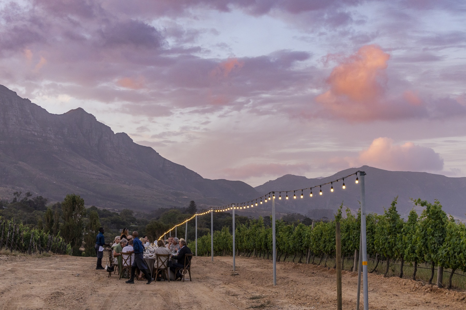 Seated guests with lights at dusk